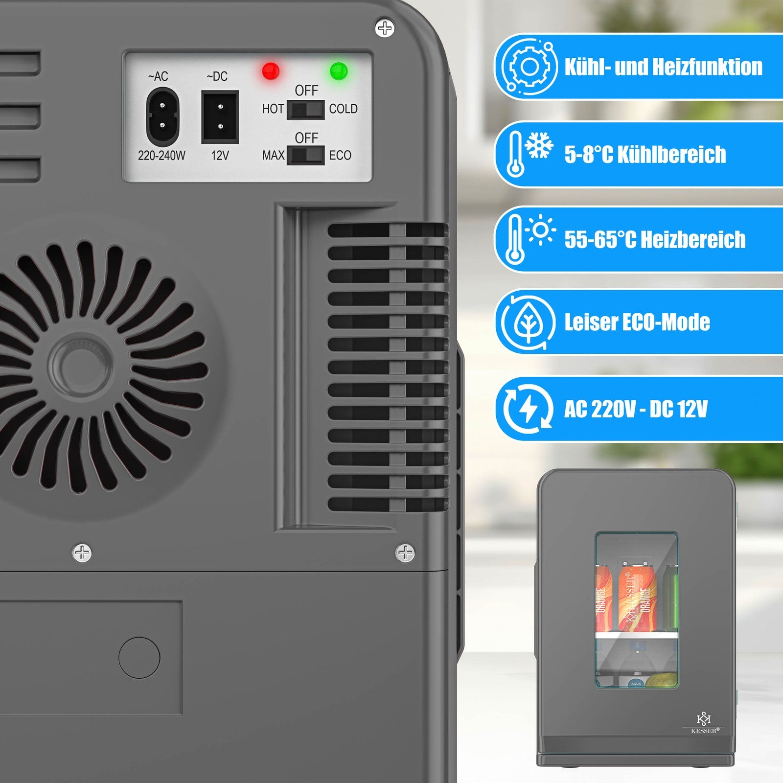 KESSER® Mini Kühlschrank 15 L Kühl Und Heizfunktion Minibar Kühlbox Thermobox