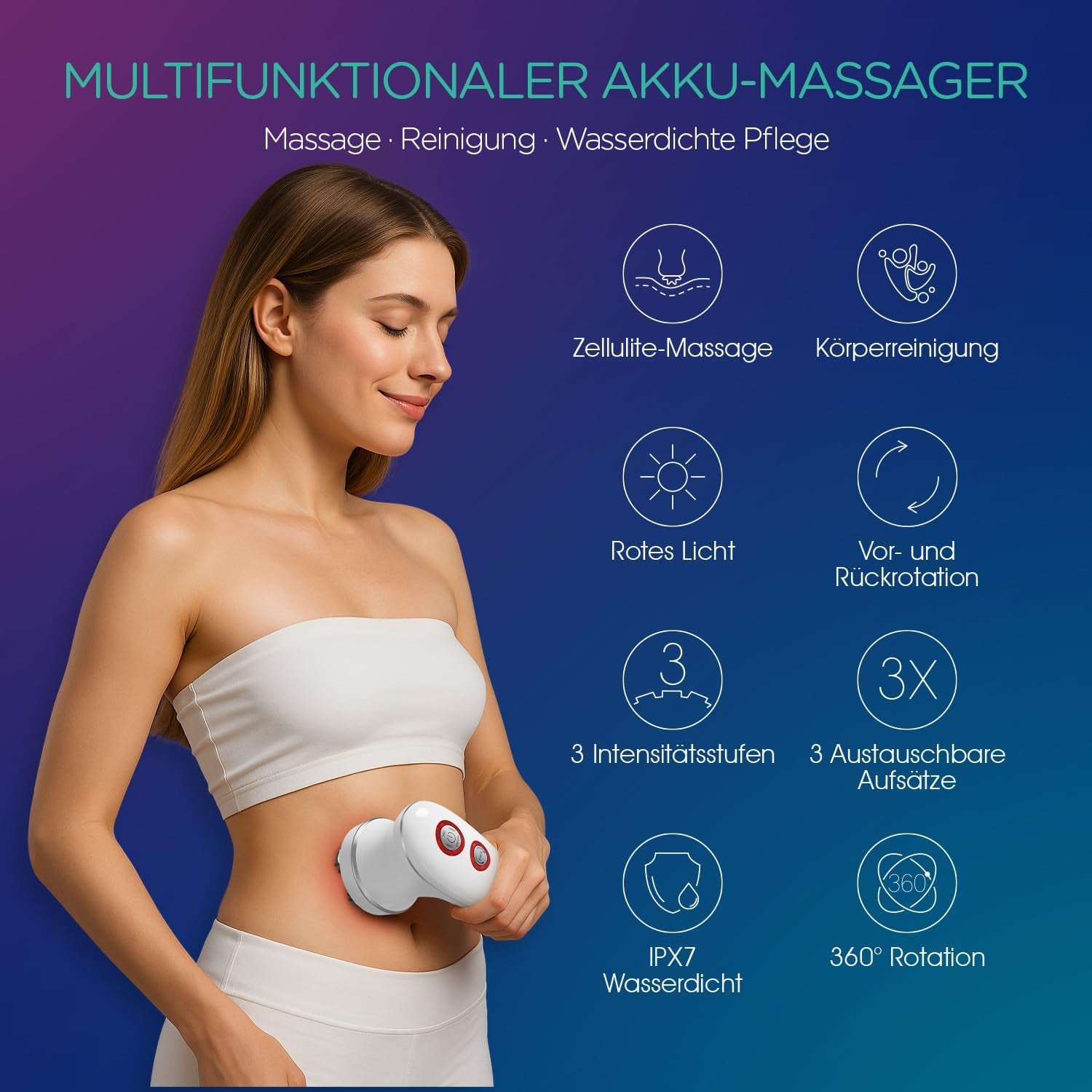VOYOR Massagegerät anti Cellulite Massage Gerät Für Gesicht Nacken Schulter Rücken Füße Fußbad Mit 3 Muti-Funktionsköpfe Gesichtsreinigungsbürste IPX7 Wasserdicht & Wiederaufladbar