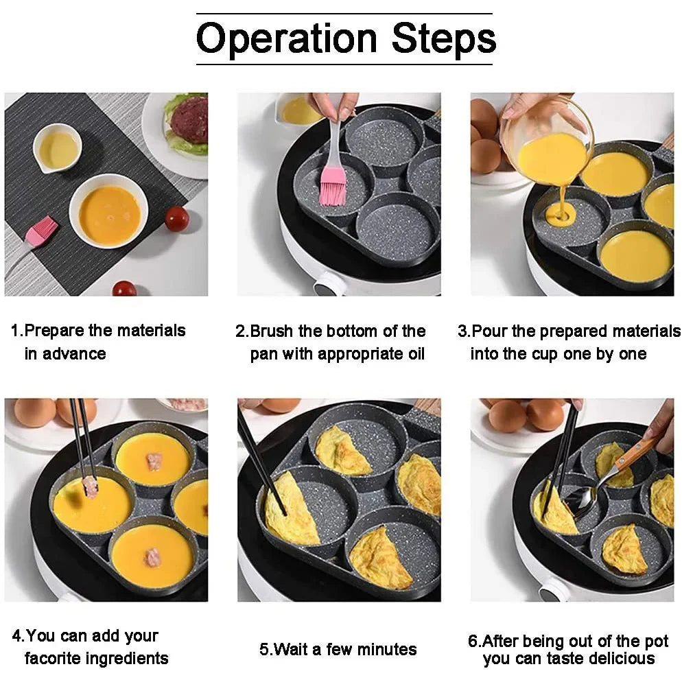 4 Hole Frying Pan Non Stick Breakfast Burger Egg Pancake Maker Wooden Handle Medical Stone Four Hole Omelet Pan