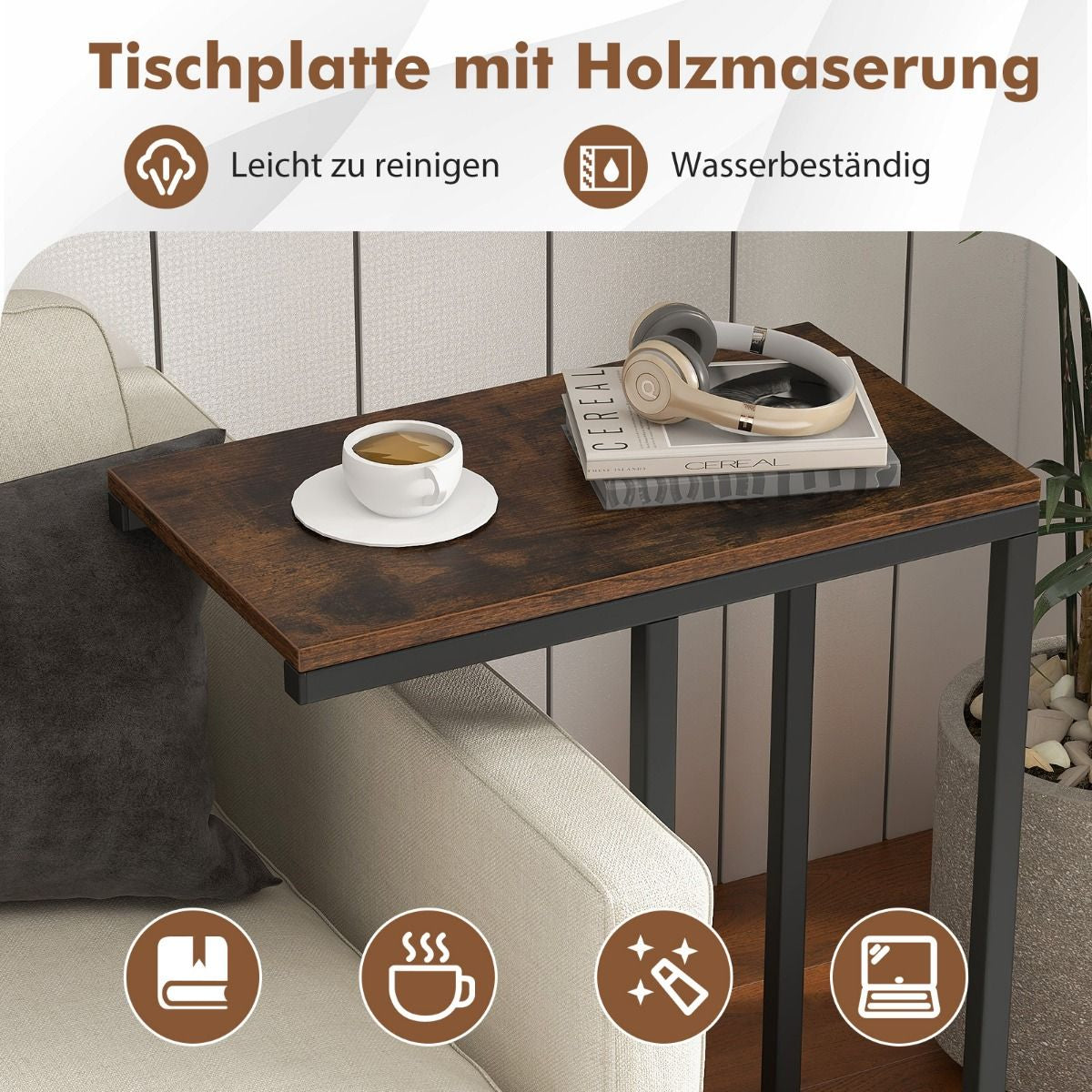 Beistelltisch C-Form Sofatisch Mit Metallgestell Kaffeetisch Für Wohnzimmer Rustikales Braun/Grau/Schwarz