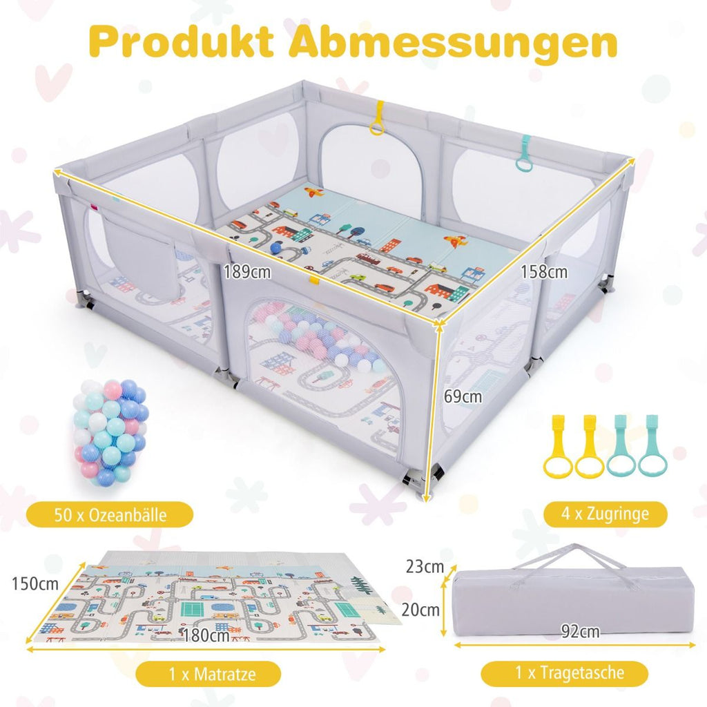 Baby Laufstall Mit Matratze & 50 Spielbällen & 4 Zugringen & 4 Reißverschlusstür Hellgrau