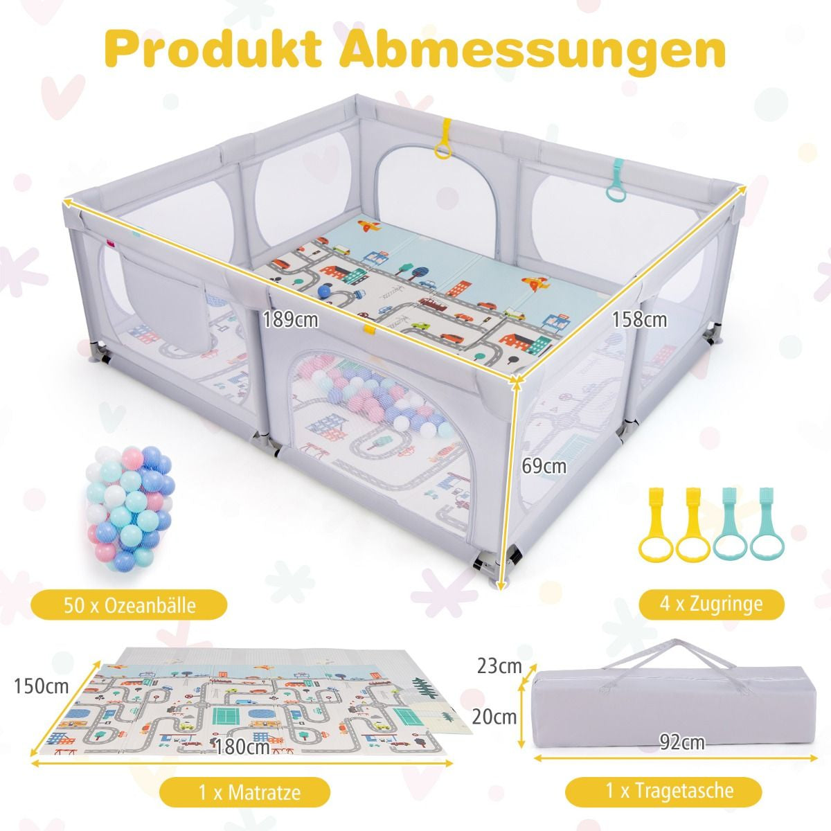 Baby Laufstall Mit Matratze & 50 Spielbällen & 4 Zugringen & 4 Reißverschlusstür Hellgrau