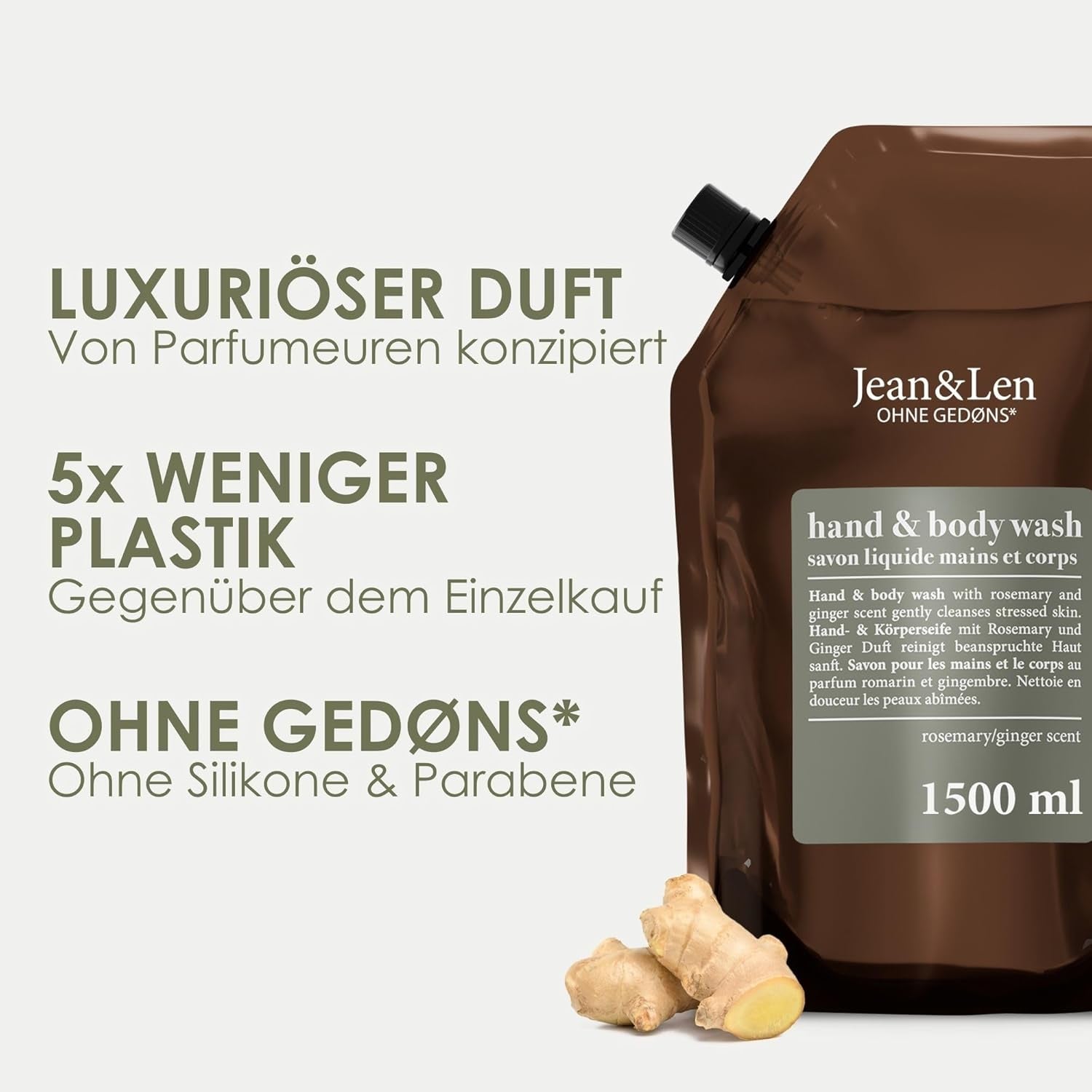 Jean & Len Hand & Body Wash Rosemary Und Ginger Im Nachfüllbeutel, Reinigt Und Pflegt Die Haut, Würzig-Frischer Duft, Flüssigseife Im Nachfüllpack, Ohne Silikone & Parabene, 1,5L