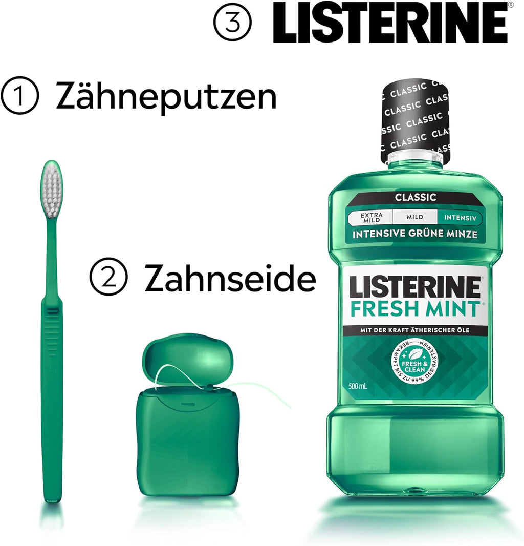 Listerine Fresh Mint Antibakterielle Mundspülung Für Frischen Atem, Mit Ätherischen Ölen, Bekämpft Mundgeruch Verursachende Bakterien, Mit Frischem Minzgeschmack