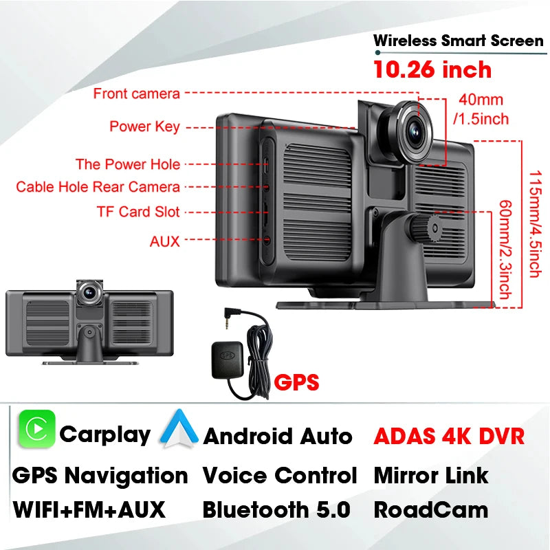 10.26 Inch 4K ADAS Car DVR Wireless Carplay Android Auto Car Radio Multimedia GPS Navigation Video Player BT WIFI Stereo
