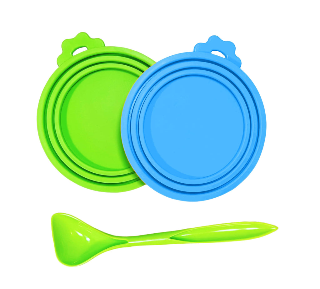(US Shipping) MoPawKT- Silicone Pet Food Can Covers Lids 3 Inner Diameters 2.6”/3”/3.4” Fit for 3-15 oz Standard Cat & Dog Food Cans/Tins Multi-Size Canned Food Covers BPA Free Reusable (Blue+Green 1 spoon)