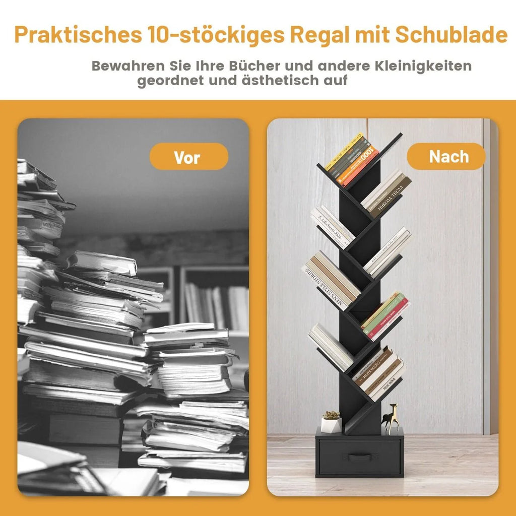 10-Stöckiges Baum-Bücherregal Mit Schublade Bodenstehendes Lagerregal Schwarz