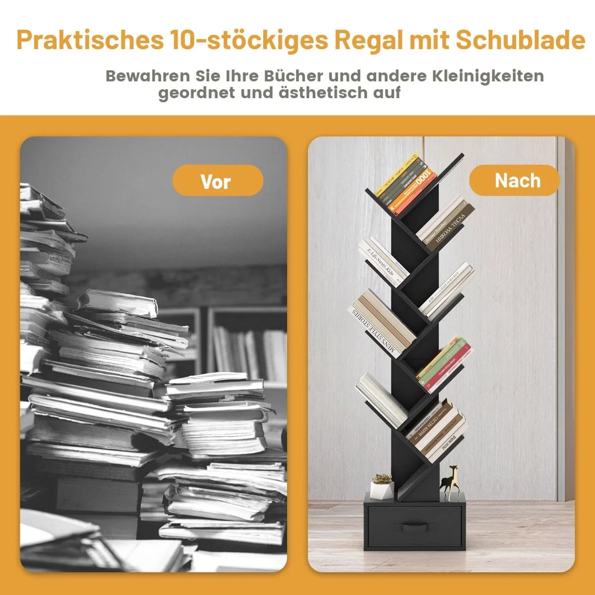 10-Stöckiges Baum-Bücherregal Mit Schublade Bodenstehendes Lagerregal Schwarz