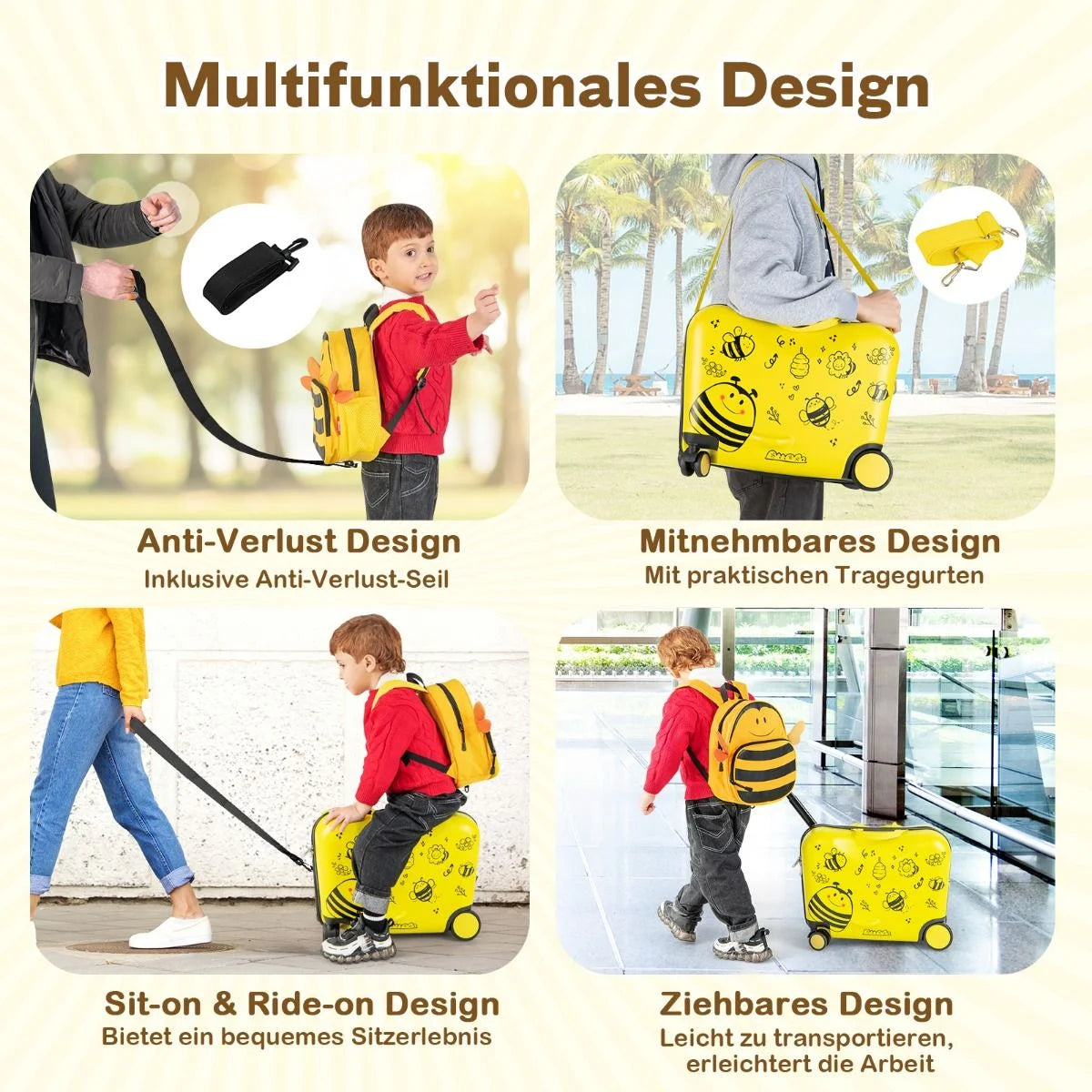 2Tlg Kinderkoffer + Rucksack 47 Cm Langer Aufsitzkoffer Und 30 Cm Breiter Rucksack Gelb