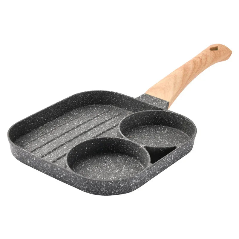 4 Hole Frying Pan Non Stick Breakfast Burger Egg Pancake Maker Wooden Handle Medical Stone Four Hole Omelet Pan