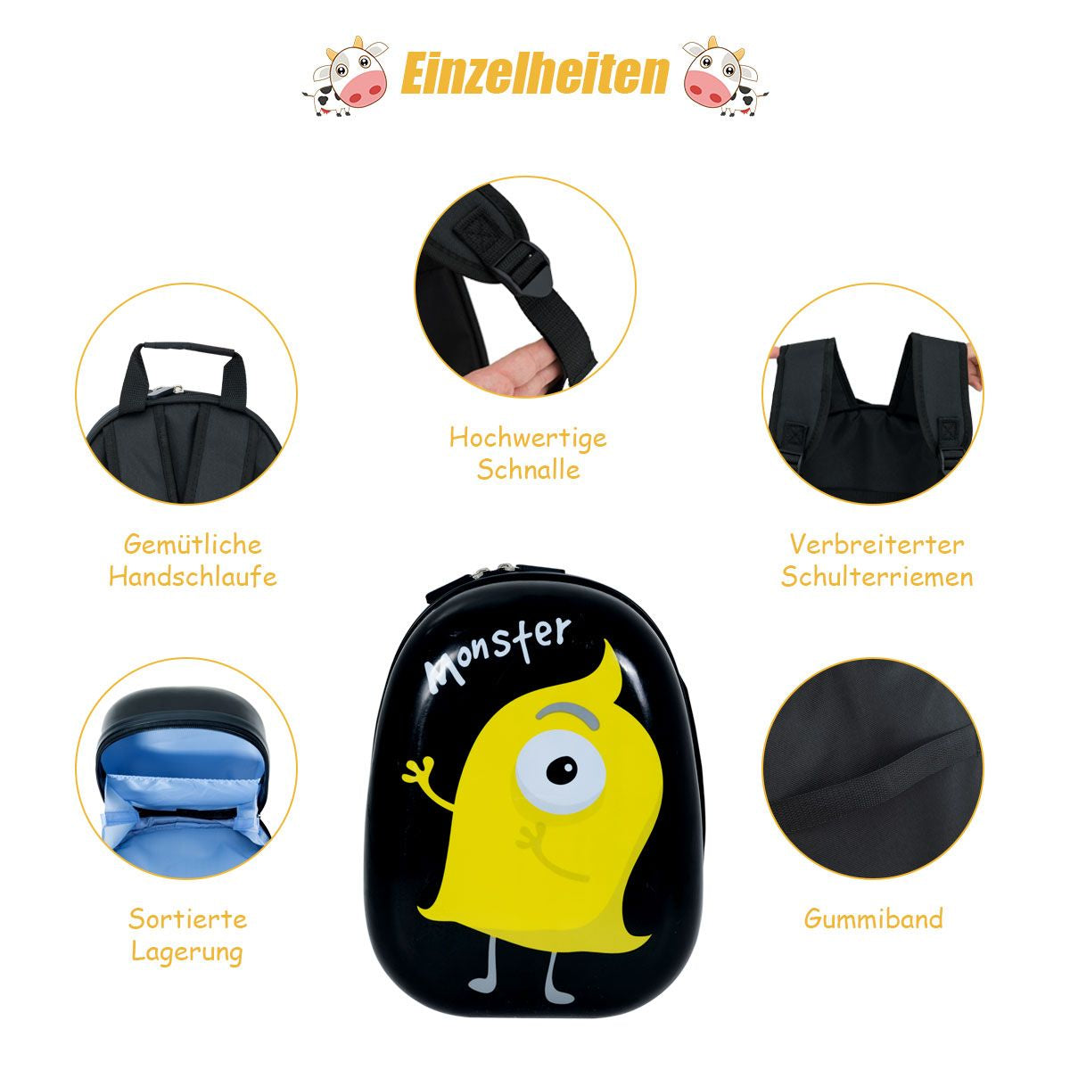 2 Tlg Kindergepäck Monstersbild Reisekoffer Kinderkoffer + Rucksack Schwarz