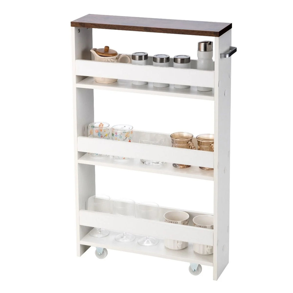 Kücheninselwagen Rollender 4-Stöckiger Schmaler Küchenwagen Mit Griff 48 X 12,5 X 81 Cm Weiß