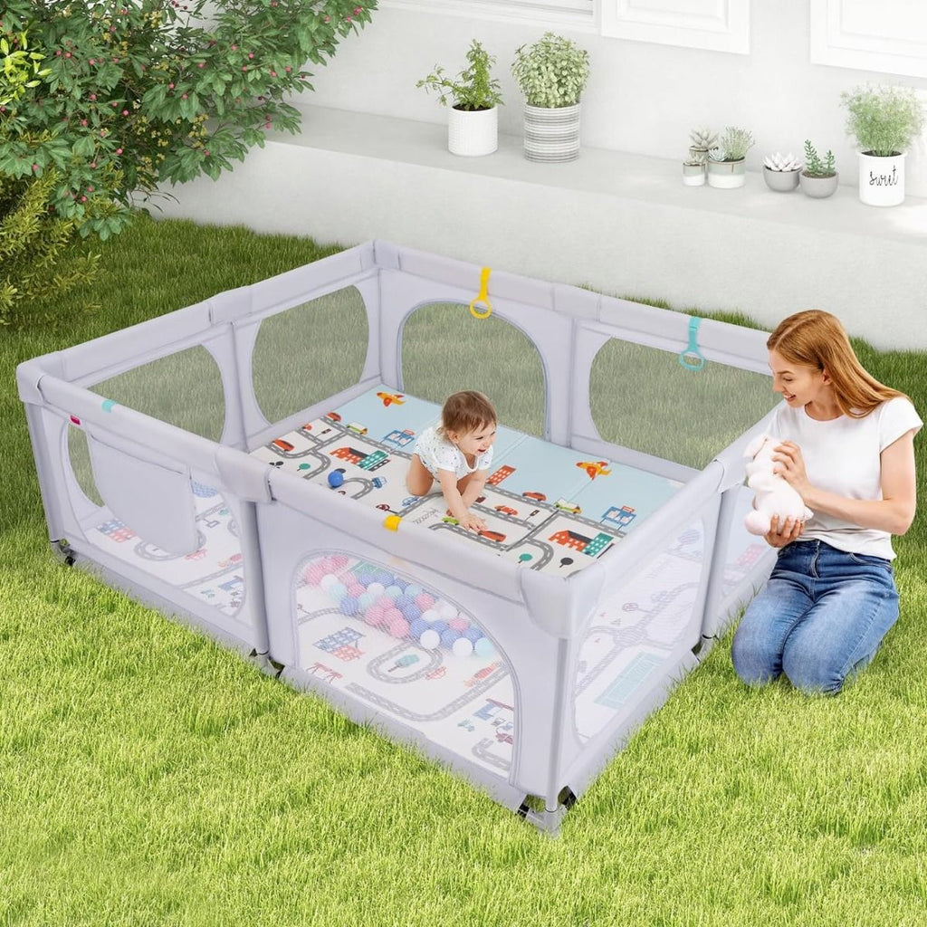 Baby Laufstall Mit Matratze & 50 Spielbällen & 4 Zugringen & 4 Reißverschlusstür Hellgrau