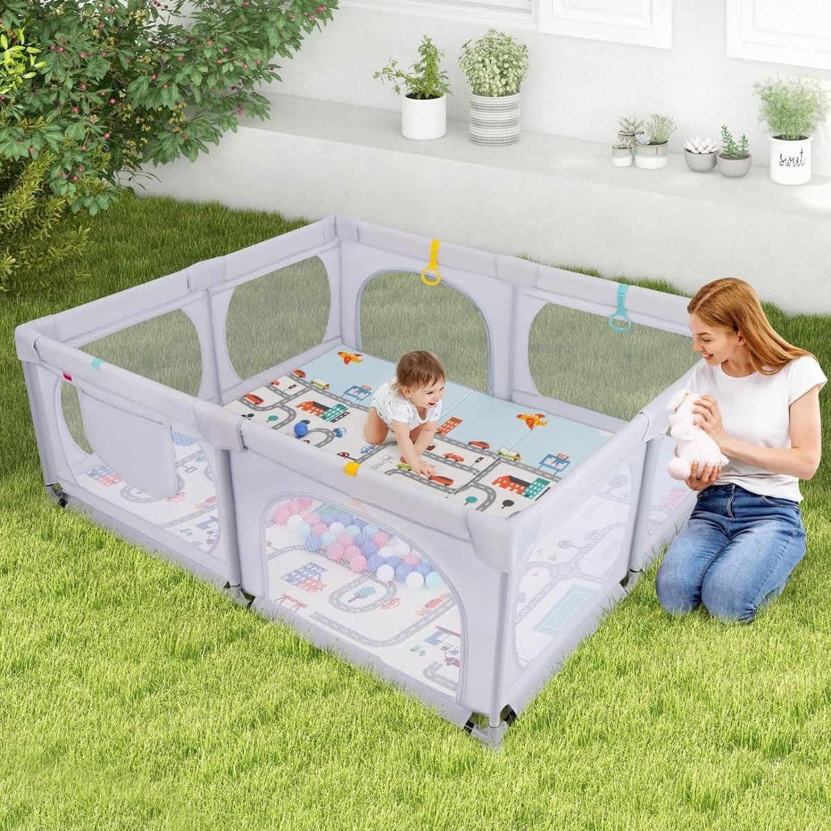 Baby Laufstall Mit Matratze & 50 Spielbällen & 4 Zugringen & 4 Reißverschlusstür Hellgrau