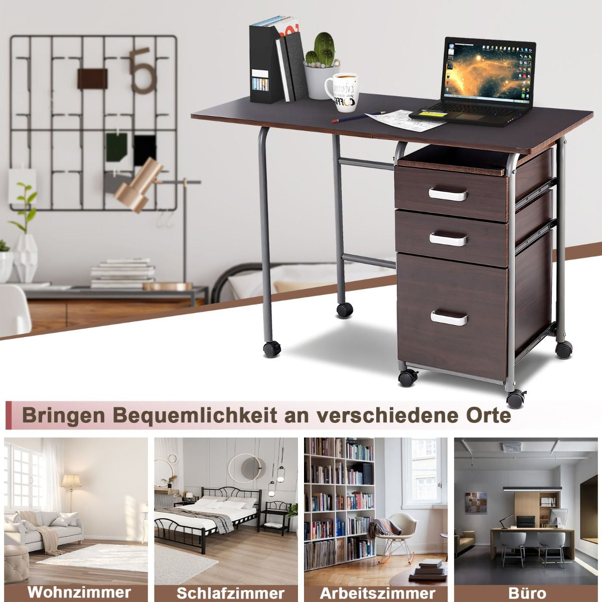 Klappbarer Computertisch Mit 3 Schubladen & Rollen Platzsparender Schreibtisch Bürotisch