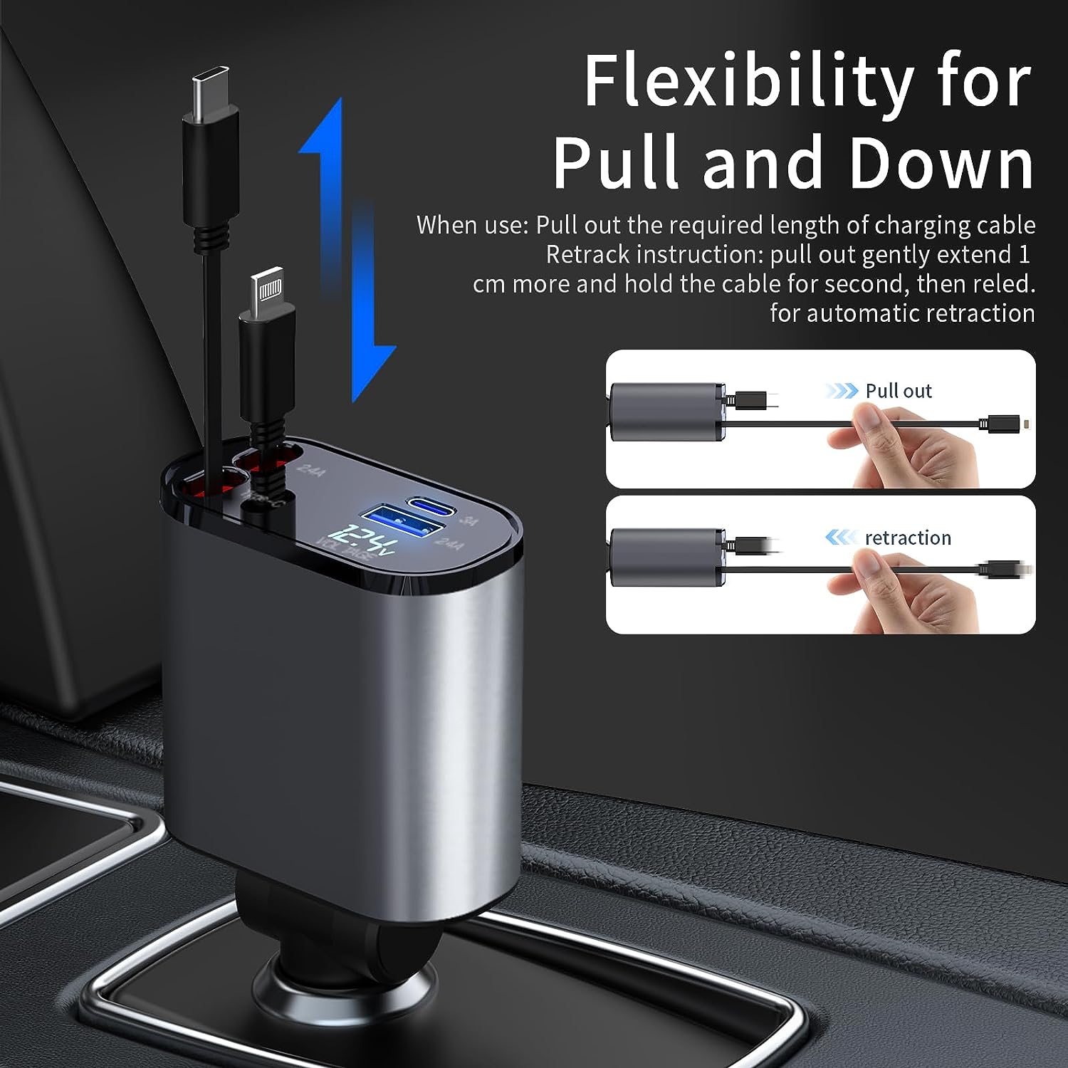 (US Shipping) TIKTOK SHOP Retractable Car Charger, 4 in 1 Fast Car Phone Charger 66W, Retractable Cables and USB Car Charger,Compatible with iPhone 15/14/13/12/11,Galaxy,Pixel