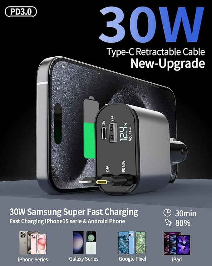 (US Shipping) TIKTOK SHOP Retractable Car Charger, 4 in 1 Fast Car Phone Charger 66W, Retractable Cables and USB Car Charger,Compatible with iPhone 15/14/13/12/11,Galaxy,Pixel