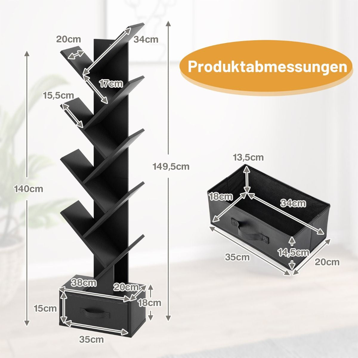 10-Stöckiges Baum-Bücherregal Mit Schublade Bodenstehendes Lagerregal Schwarz