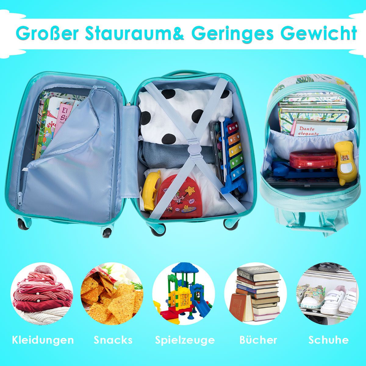 2 Tlg Kindergepäck Flamingosblid Reisekoffer Kinderkoffer + Rucksack Blau