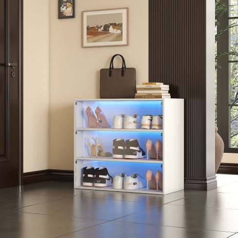 (US Shipping) White Glass Door Shoe Box Shoe Storage Cabinet With RGB Led Light