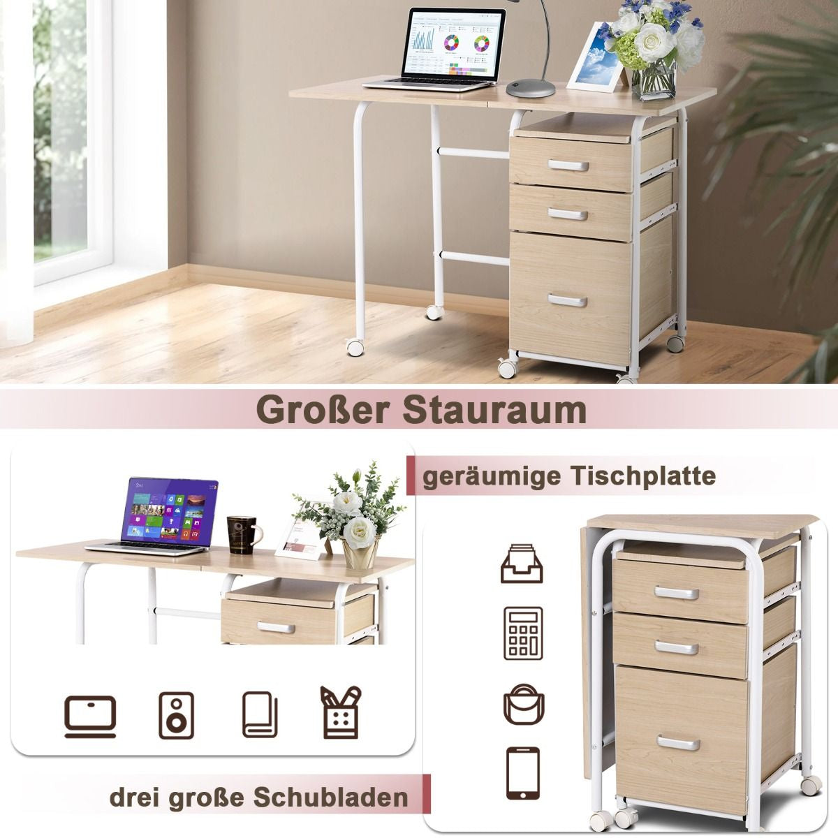 Klappbarer Computertisch Mit 3 Schubladen & Rollen Platzsparender Schreibtisch Bürotisch