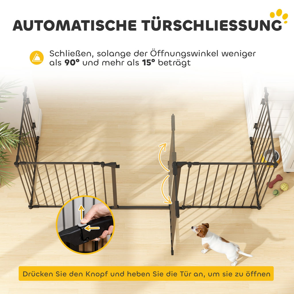 Pawhut 2 in 1 Welpenauslauf 5-TLG Klappbar Absperrgitter Hund Mit Tür, Metall