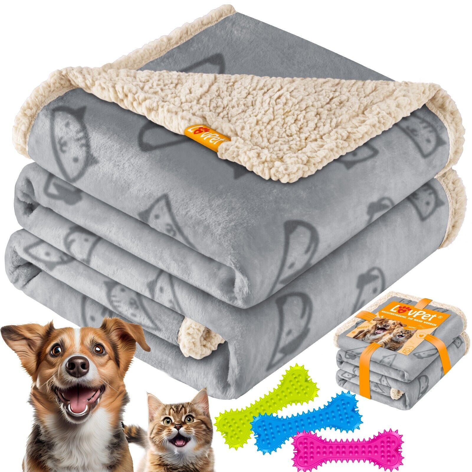 LOVPET® Hunde Decke Wasserdicht Haustier Trockenbett Fleece, 3X Spielzeugknochen