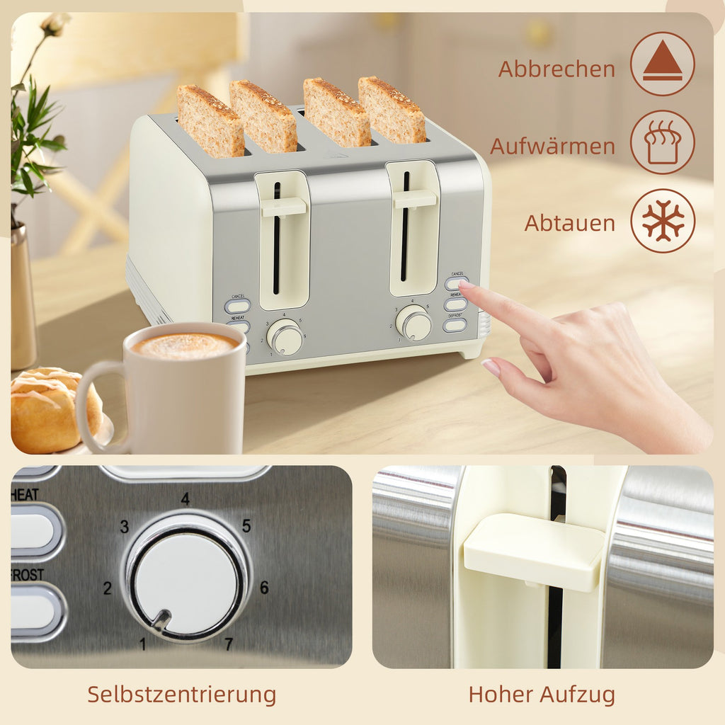 Wasserkocher Toaster Set 2200 W Mit 4 Scheiben Toaster, 1,7L Wasserkocher, Creme