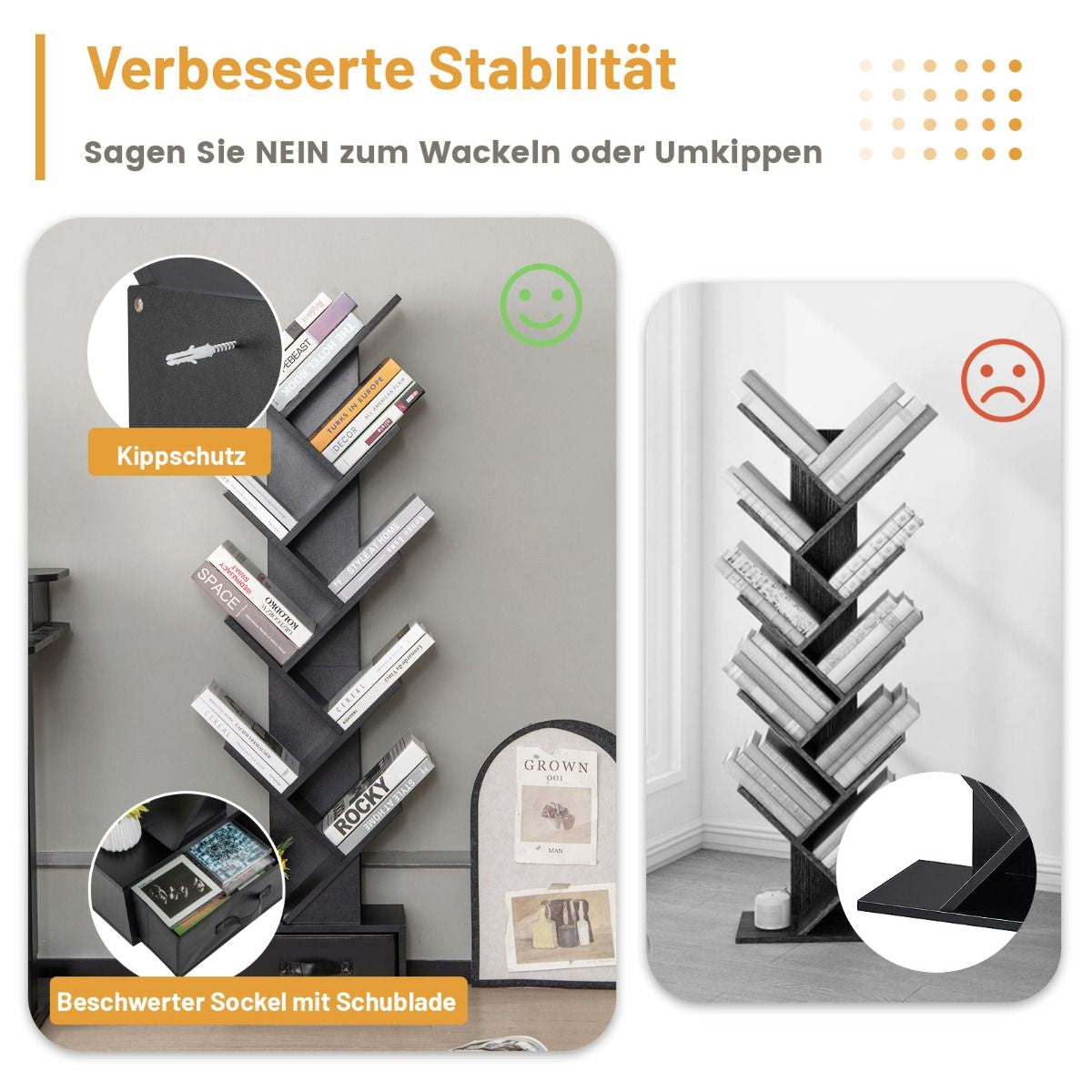 10-Stöckiges Baum-Bücherregal Mit Schublade Bodenstehendes Lagerregal Schwarz