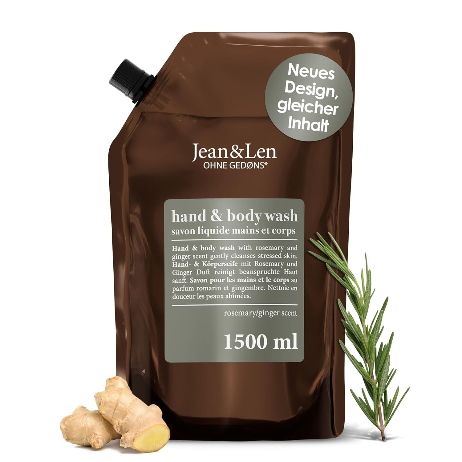 Jean & Len Hand & Body Wash Rosemary Und Ginger Im Nachfüllbeutel, Reinigt Und Pflegt Die Haut, Würzig-Frischer Duft, Flüssigseife Im Nachfüllpack, Ohne Silikone & Parabene, 1,5L